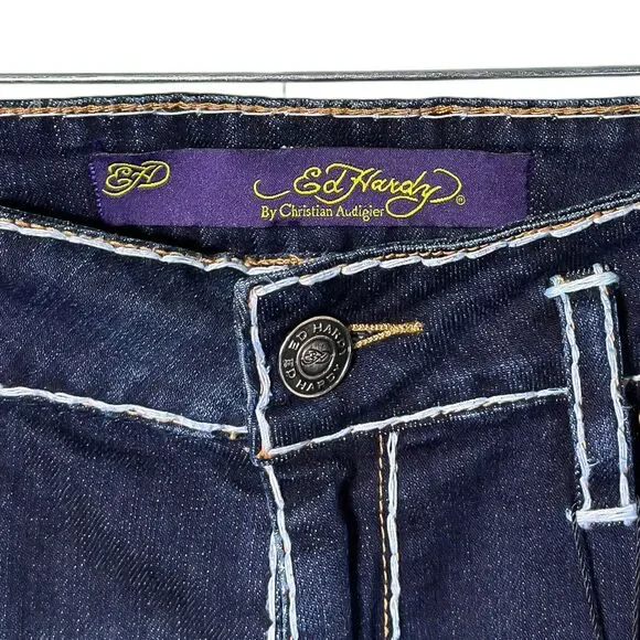 Ed Hardy Christian Audigier Boyfriend Jeans Womens Blue Dark Wash Embellished 30
